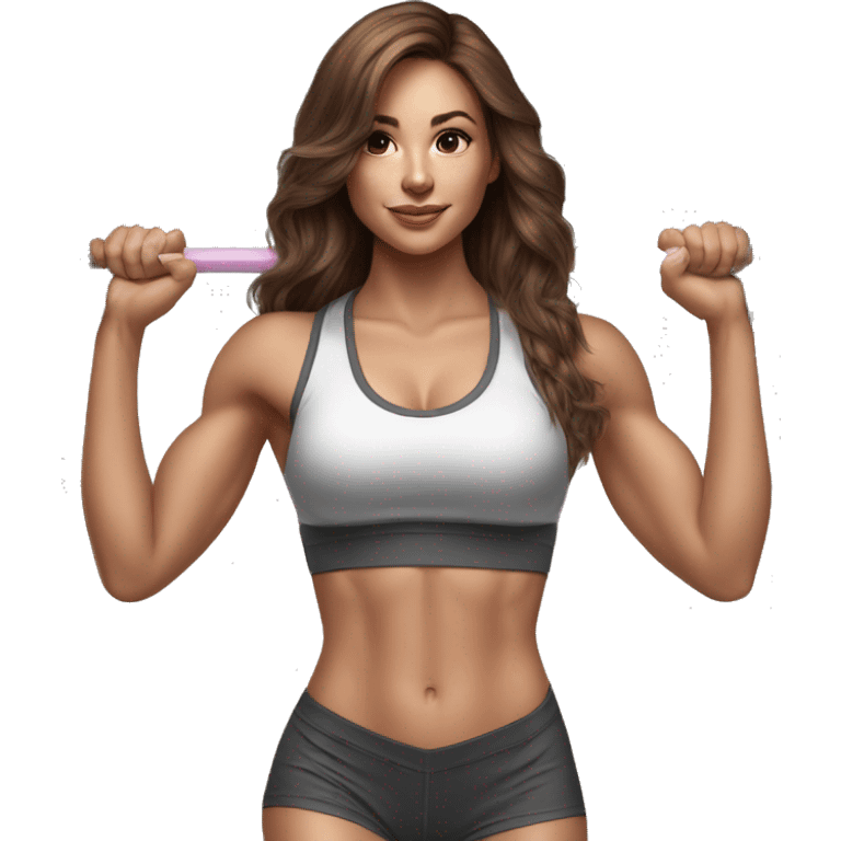 Hyperrealistic pencil drawing of athletic sexy girl in full height with brown hair and barbell emoji