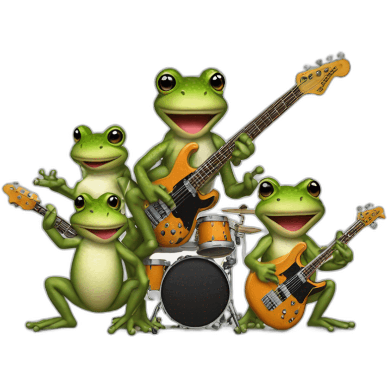 Four toad playing electric guitar, bass, drumset and piano emoji