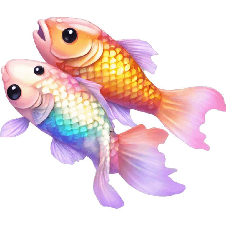 Kawaii bedazzled iridescent koi fish kissing eachother  emoji