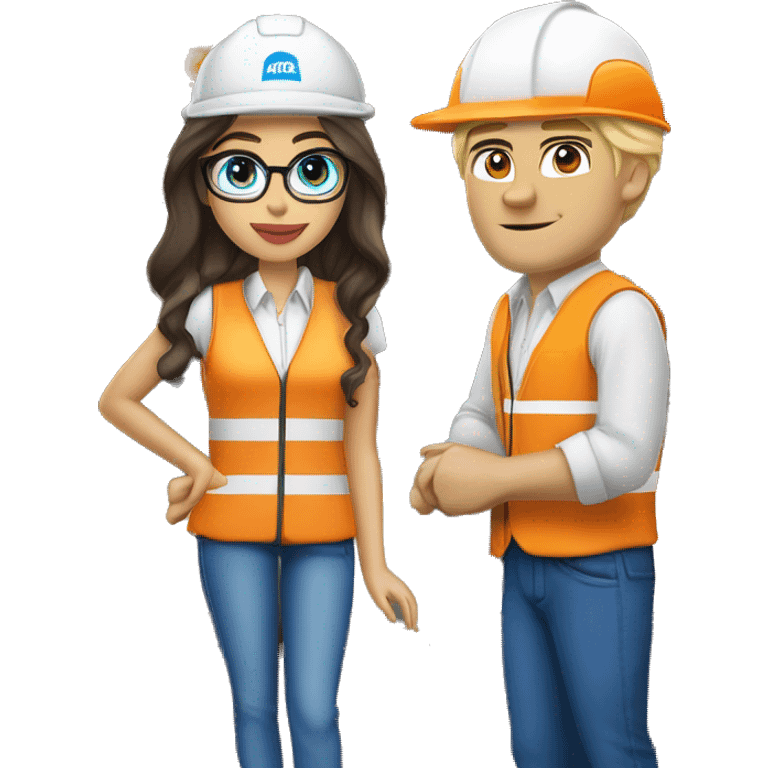 (madison beer as barista) standing next to (handsome blonde man, no beard but with mustache, blue/green eyes, glasses, wearing white hard hat that says ”gmc” in orange letters, orange safety vest, blue shirt on) emoji