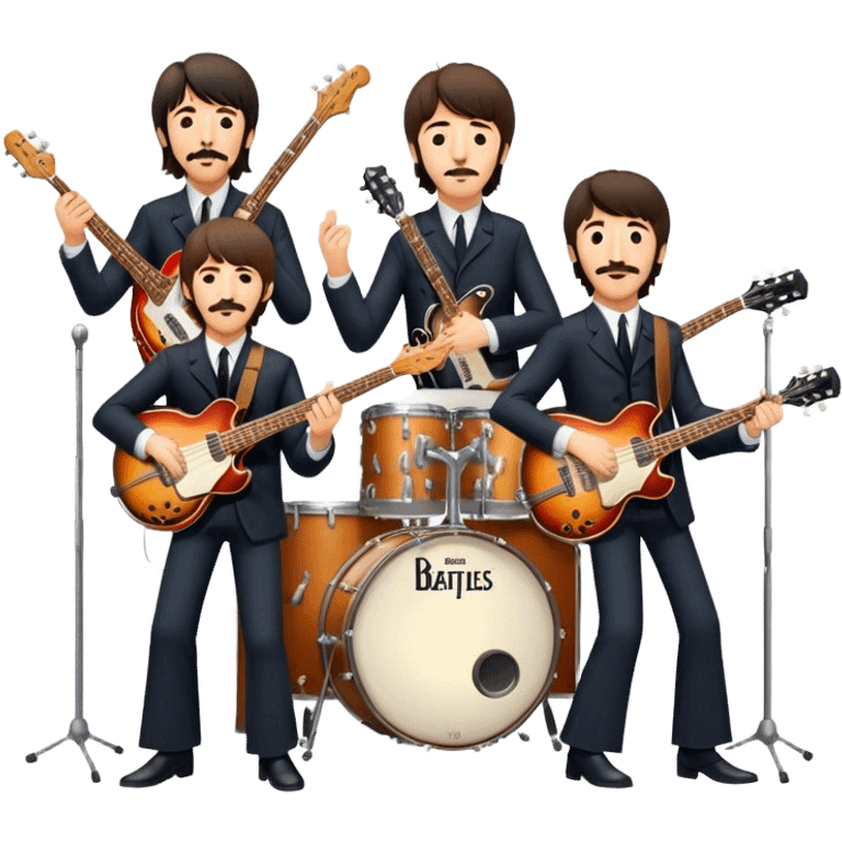 Rock music icon: The Beatles performing live on stage. John Lennon with guitar, Paul McCartney with bass, George Harrison with guitar, Ringo Starr on drums. Bright lights, energetic performance. Transparent background. emoji