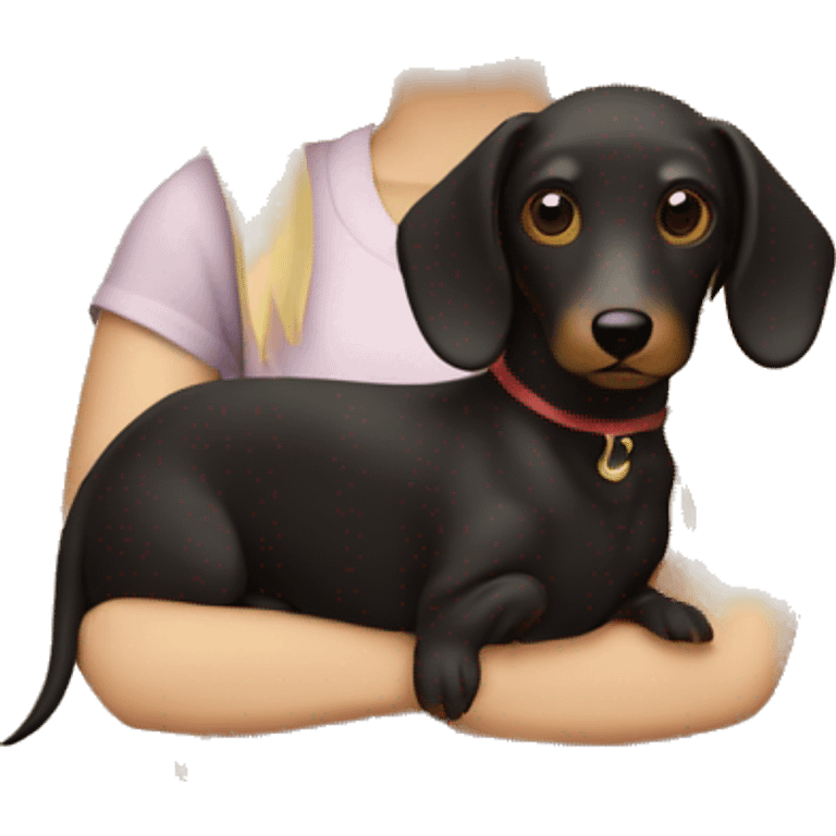 Blonde girl long hair with wire haired dark wiener dog on arm  emoji