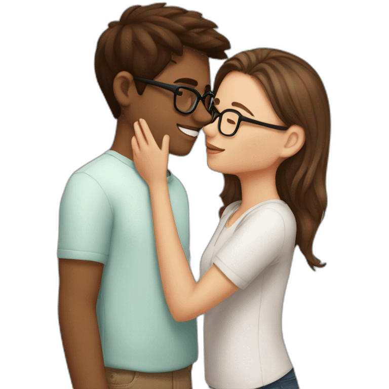 White girl brown hair kissing indian boy's cheek with glasses emoji