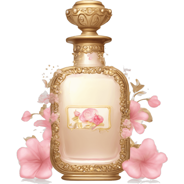 Vintage perfume bottle in antique Greek style, white, pink and beige, oil perfume inside, sequins and flowers fluttering around emoji