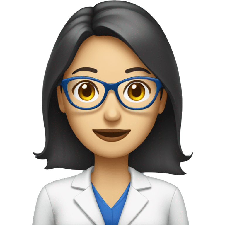 Mujer con gafas, lunar en en cachete izquierdo, gafas azules, con coleta, morena y bata blanca de nutricionista  emoji