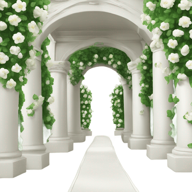 wedding arch made of columns with white flowers and green petals on it emoji