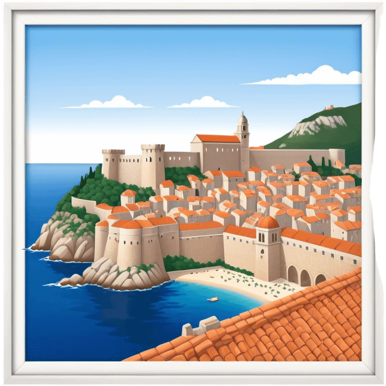 Cinematic Realistic Dubrovnik Landmark Emoji, showcasing the historic walled city with its terracotta rooftops, stone fortifications, and the deep blue Adriatic Sea stretching beyond. emoji