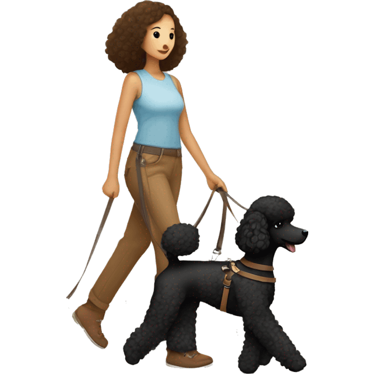 3 legs One Small unshaved Black Poodle with brown harness is walking with Korean girl emoji