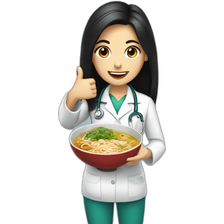 female doctor with long dark hair eating ramen bowl with thumbs up emoji