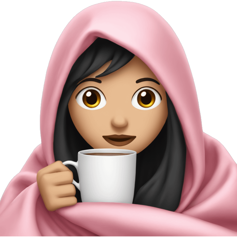 white girl with black straight hair inside a pink blanket sipping coffee eyes closed emoji