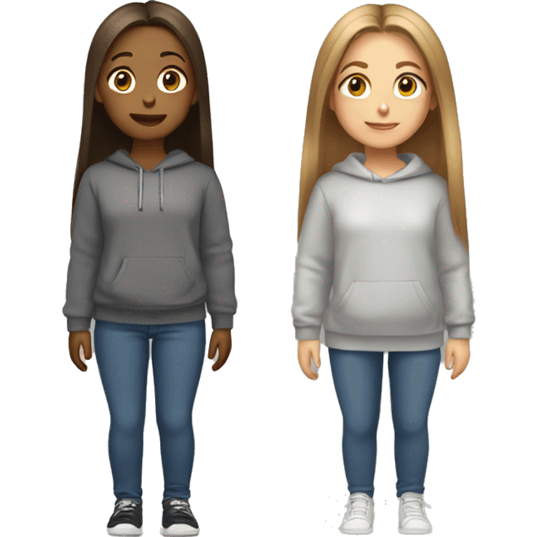 Two girls , one wearing a white sweat shirt with straight light brown hair , and the other wearing a dark grey sweatshirt with straight hair emoji