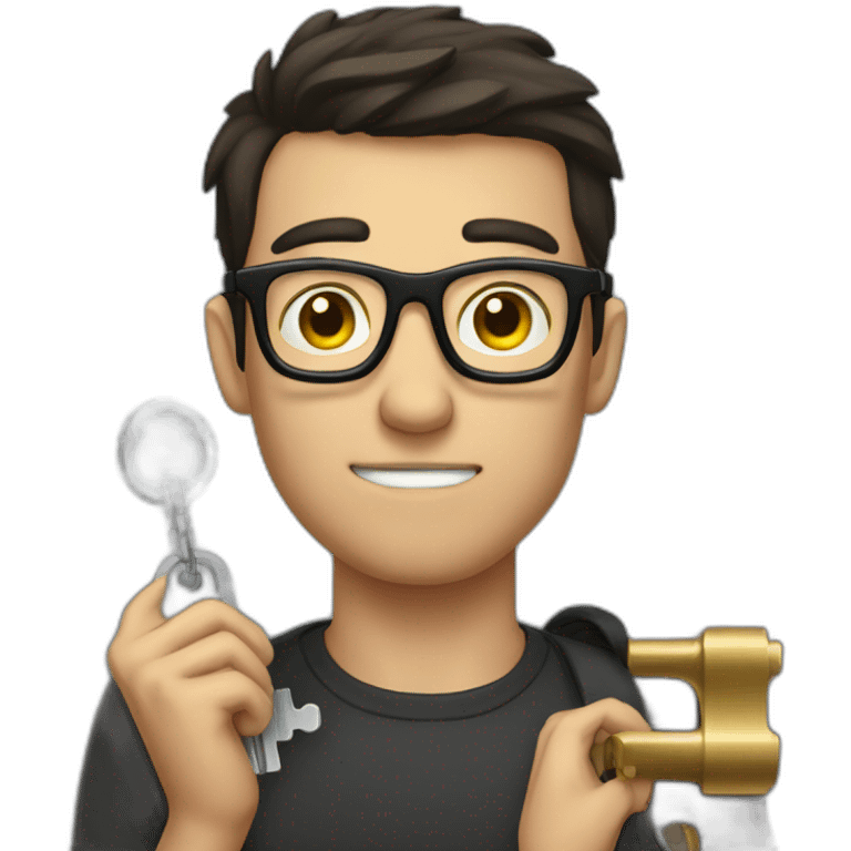 dark-short-haired man with glasses, struggling to fit a key into a lock emoji