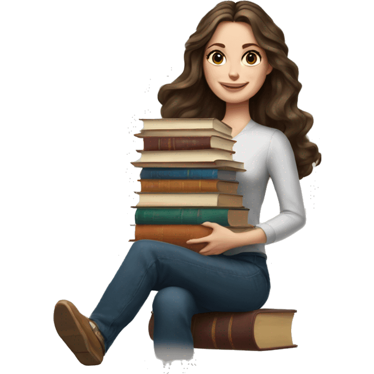 white woman brunette long wavy hair highlights woman while holding large stack of books emoji