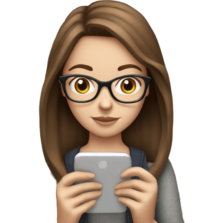 White girl with glasses and brown  hair reading on smart phone emoji