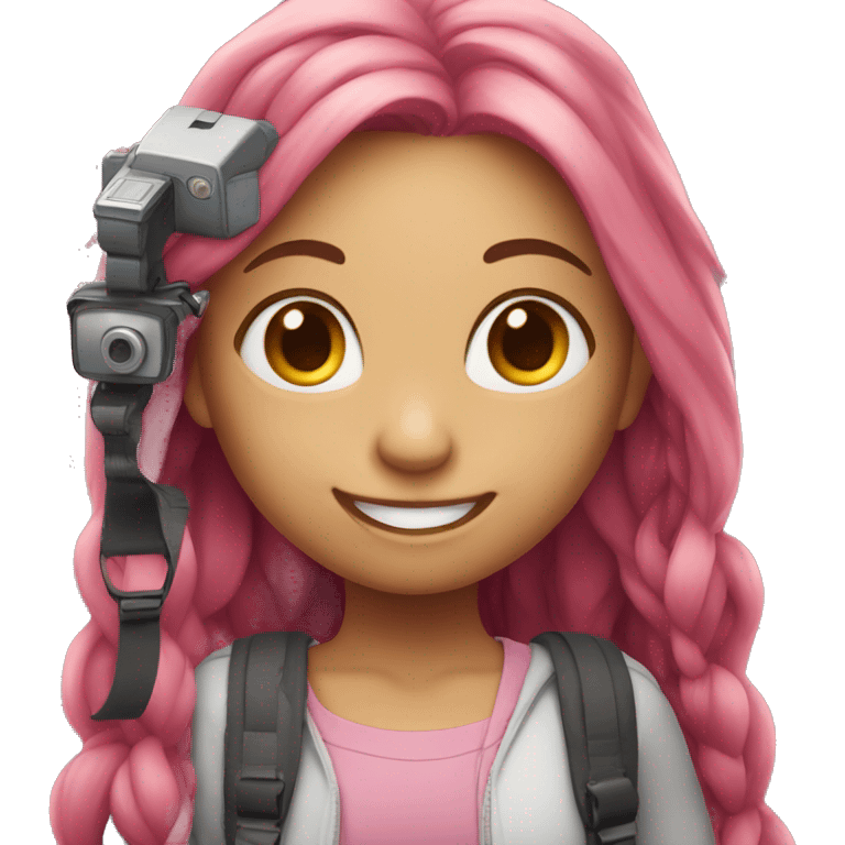 smiling girl with long multicolored pink hair holding a camera emoji