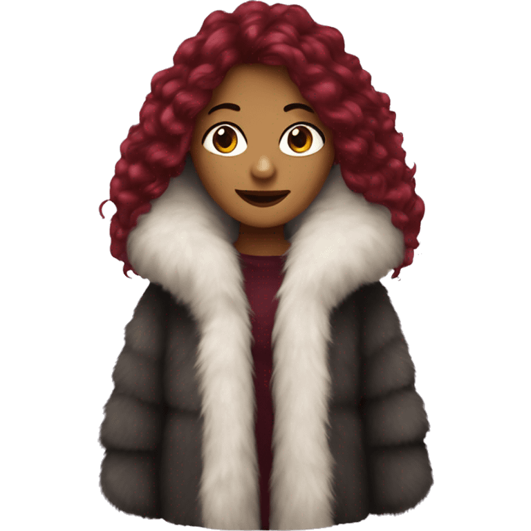 Long burgundy haired girl wearing giant fur coat emoji