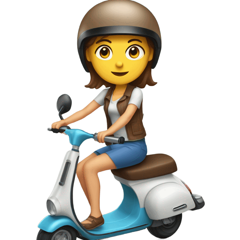 White women with Blue eyes and chocolate hair on a scooter in a helmet and summer clothes emoji