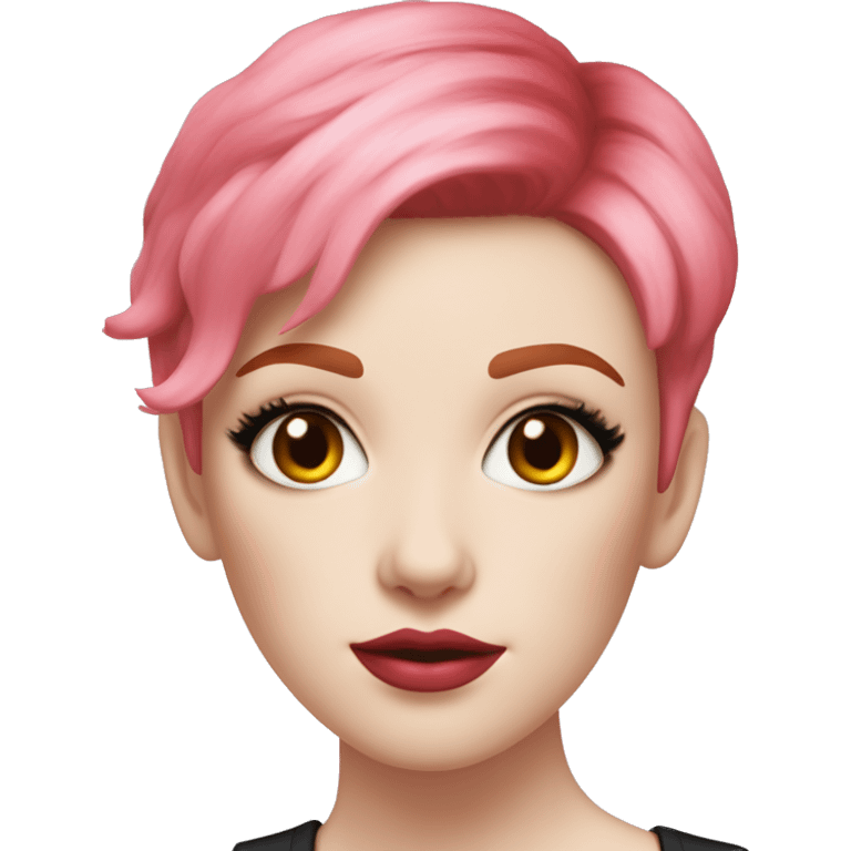 Woman with very pale skin, with bright red pixie cut hair, heavy eye makeup, cat eyeliner, long eyelashes, bright pink blush and bright pink lipstick  emoji