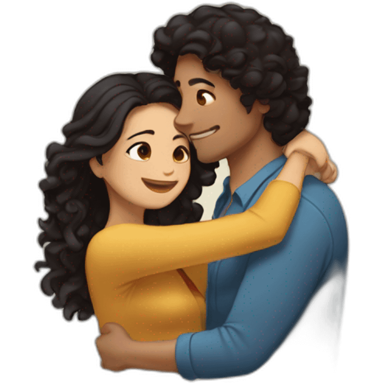 Hug between light brown guy with straight black hair and a long curly brown hair woman emoji