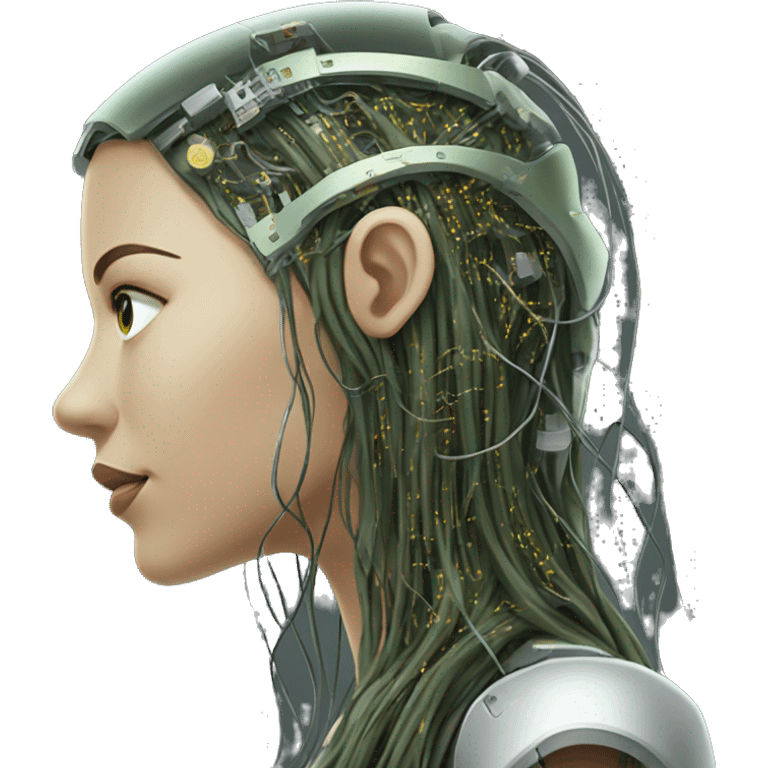 Olive green long hair female cyborg head with circuits emoji