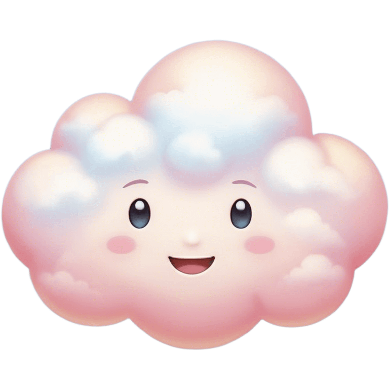 Cinematic round pastel cloud, soft puffy texture, gentle glowing edges, tiny happy face with blushing cheeks, floating in a dreamy sky, warm and magical. emoji