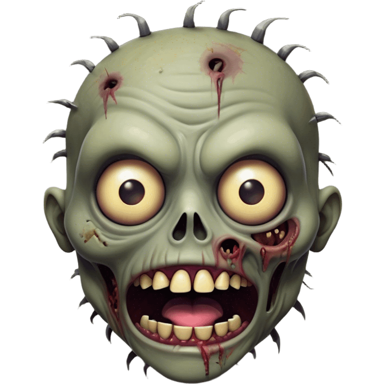 Cinematic Comical Zombie Portrait Emoji, with a grotesquely exaggerated yet playful decaying face in muted ashen tones, head cocked in a dramatically shocked expression with wildly comical, googly eyes and a gaping, silly grin revealing quirky stitches, simplified yet hilariously expressive, highly detailed with a soft eerie glowing outline capturing the absurd humor of a zombie in comic disbelief! emoji