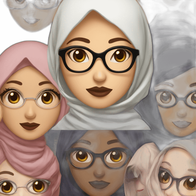 Hijabi girl with glasses fair skin and almond wyes dark iris and pulpy rozy lips with tiny nose emoji