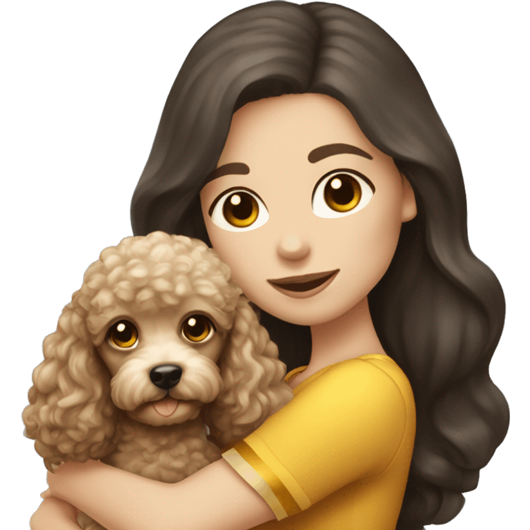 white girl with long dark hair, with blue eyes and holding a golden toy poodle  emoji