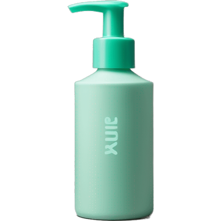 Turquoise pastel Green cosmetic bottle with a press pump lid all one colour and matte - on the front it says Kurl Kitchen in pine green colour emoji