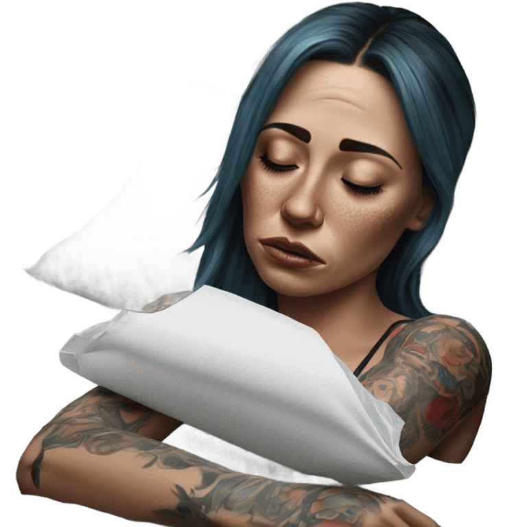 Hyper Realistic Beautiful tattooed woman crying holding a tissue lying on her bed emoji