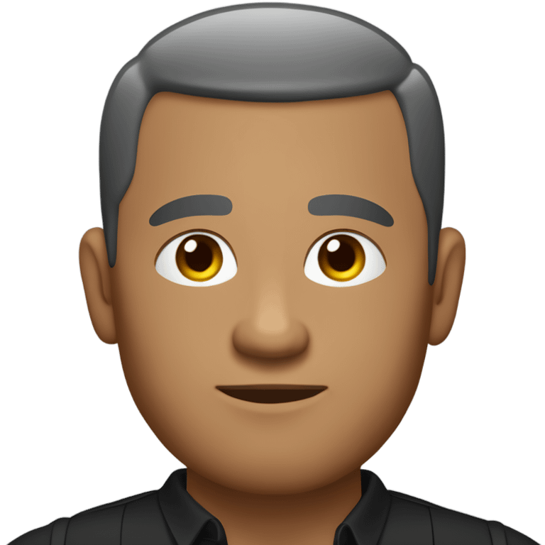 A middle-aged man with olive-toned skin with buzz cut hair and no facial hair. He is wearing a sleek black smart shirt, casually unbuttoned at the top. emoji