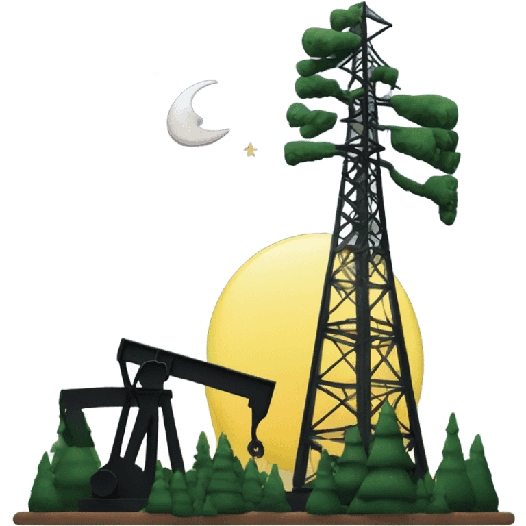 Pine trees with crescent moon and oil derrick emoji