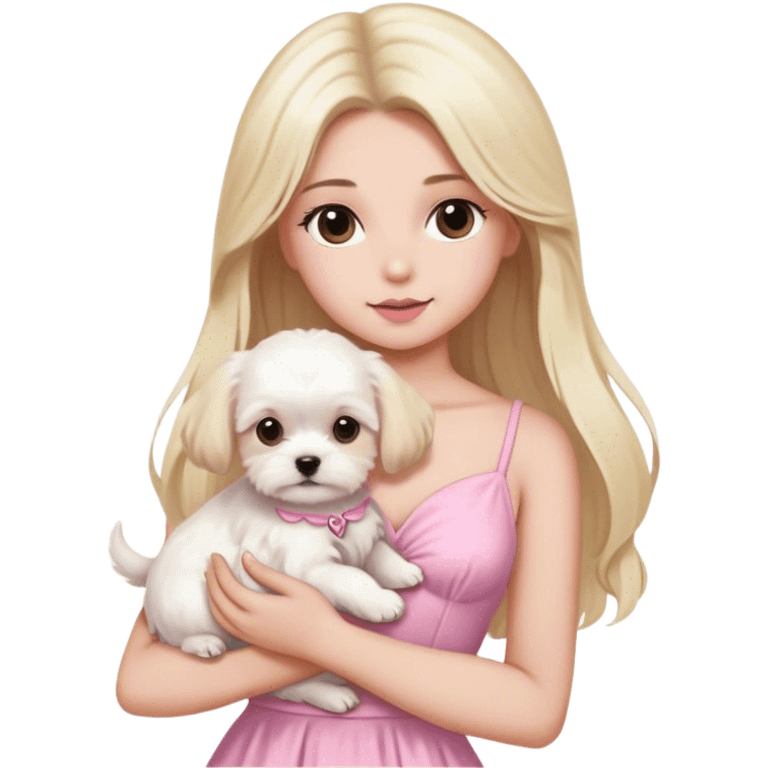 Blonde long hair brown eyes woman with white maltese puppy with pink dress emoji