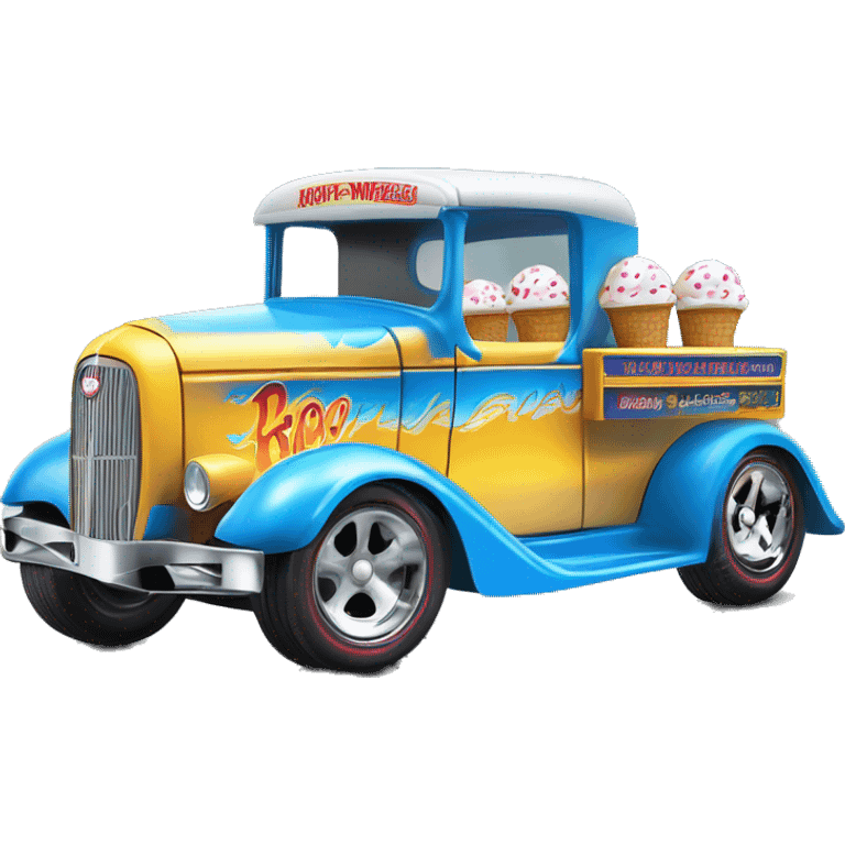 Hot rod, Hot wheels style, ice cream truck from 1934 with wide chrome mag wheels, blue, no ice cream on top of truck, open selling window.  emoji