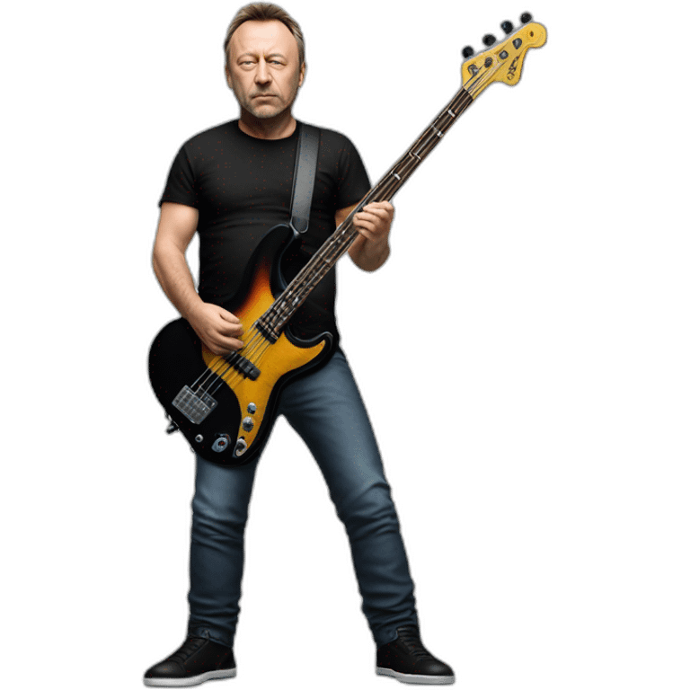 photo realistic Peter Hook, playing, black bass guitar, standing, full body, front view emoji