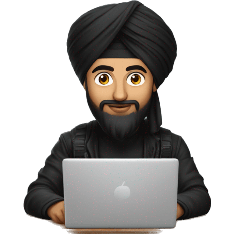 sikh man like diljit dosanj doing coding wearing black huddy and black turban doing coding on laptop emoji