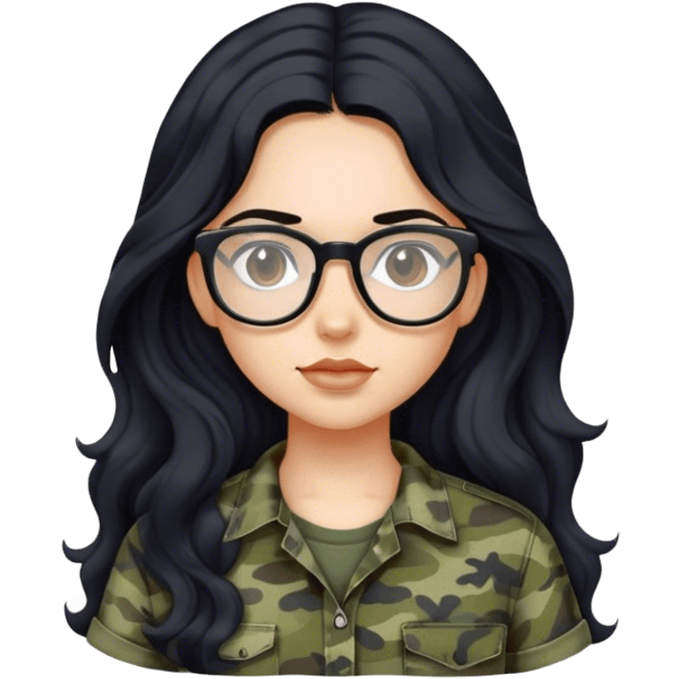 Girl with long wavy black hair and glasses wearing camo shirt emoji