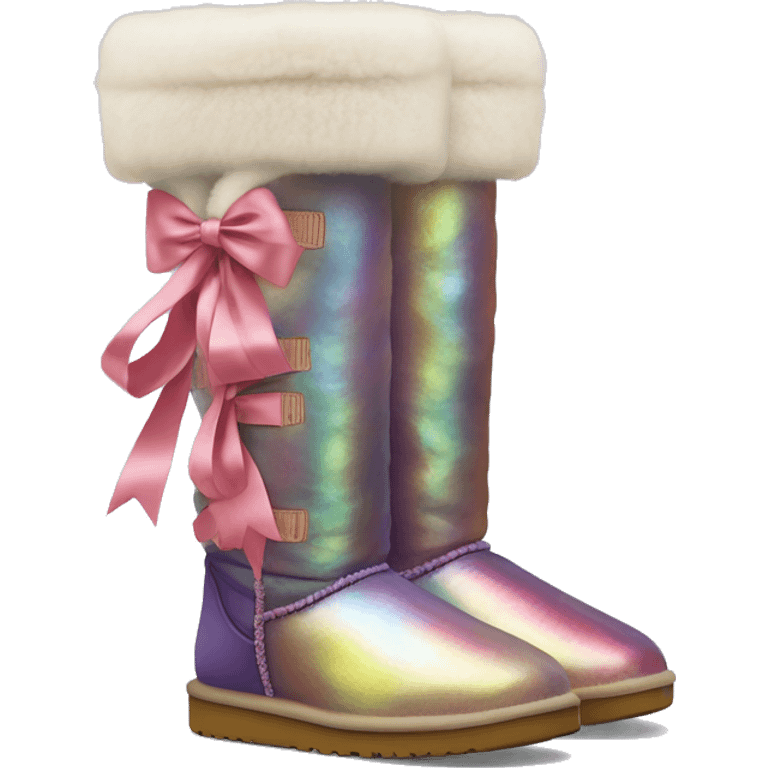 Tall Pair of iridescent fur Ugg boots with silk ribbon bow. emoji