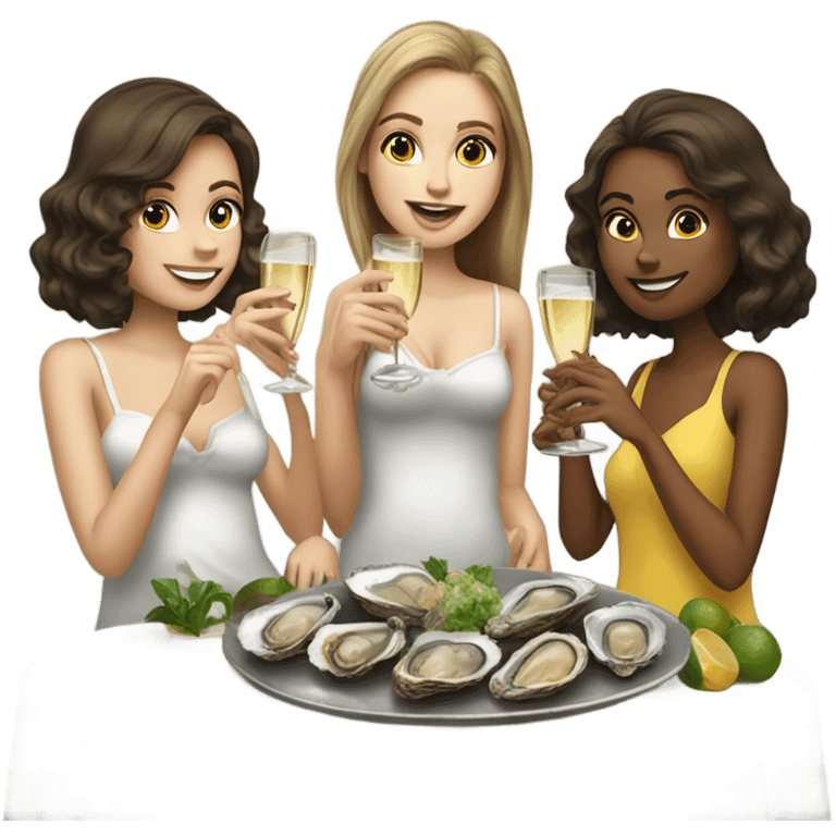 Three brown haired white girls eating oysters and drinking champagne  emoji