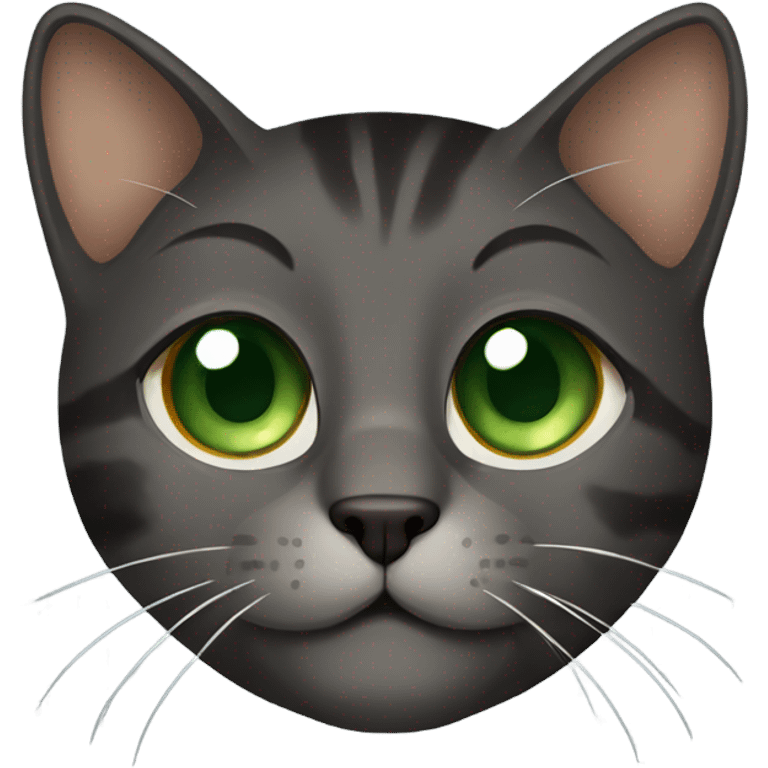 Gray, black and brown cat with green eyes and brown spot on nose emoji