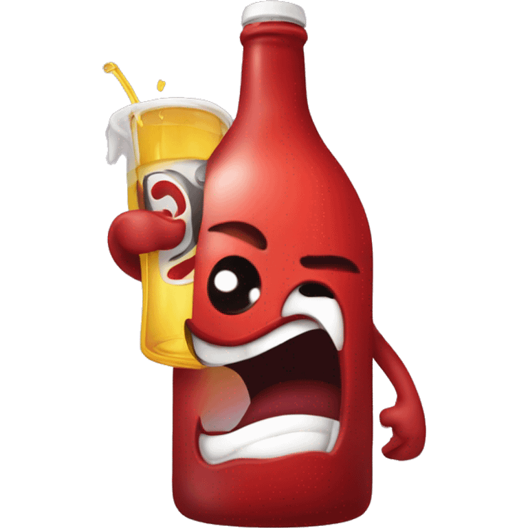 A red hearth with eyes, a mouth, and hands, looking tipsy, holding a drink bottle, with a playful, drunken expression emoji