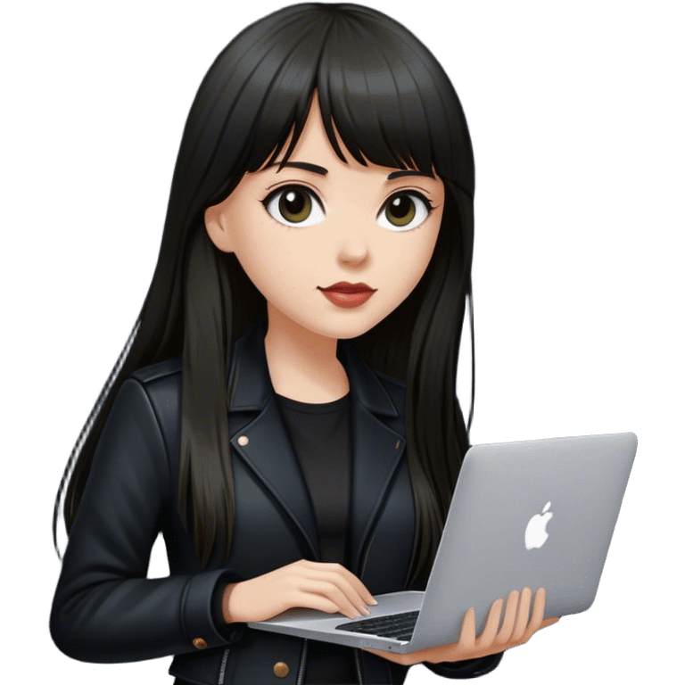 Beautiful white girl, with dark very long hair with bang, wearing black classic jacket with MacBook  emoji