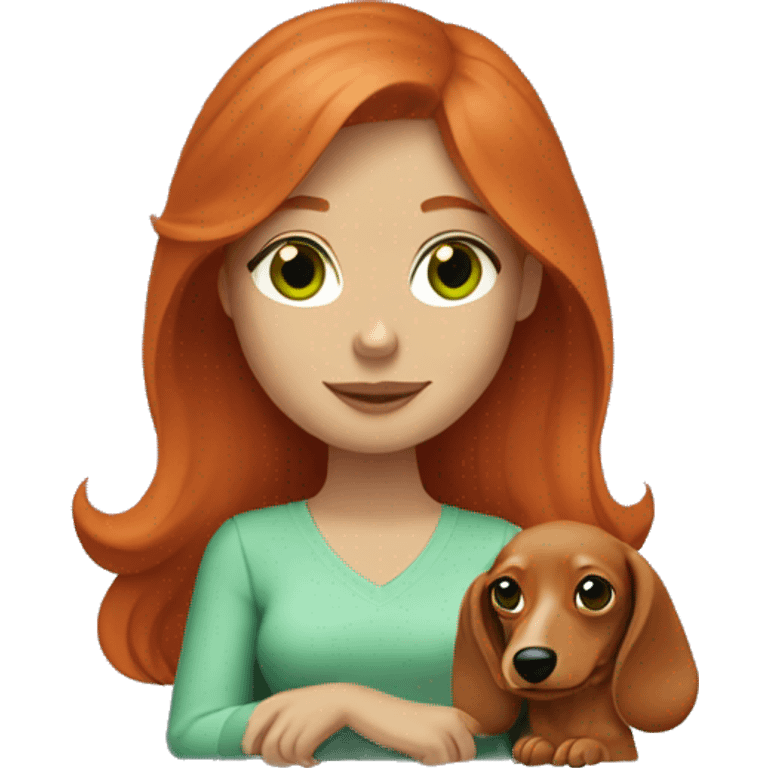 red head women green eyes and a cream longhair dachshund in her lap emoji