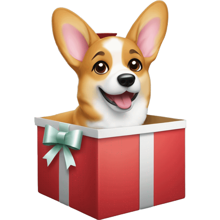 Corgi popping out of a wrapped Christmas gift box, with a bow on its head and a surprised look emoji