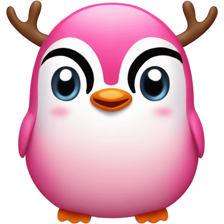 Cute pink penguin head with reindeer antlers emoji