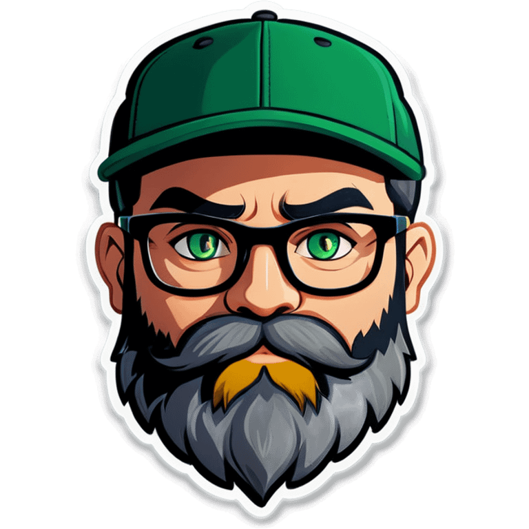 A bold man with a grey baseball cap, green eyes, big beard and glasses holding a black cat emoji