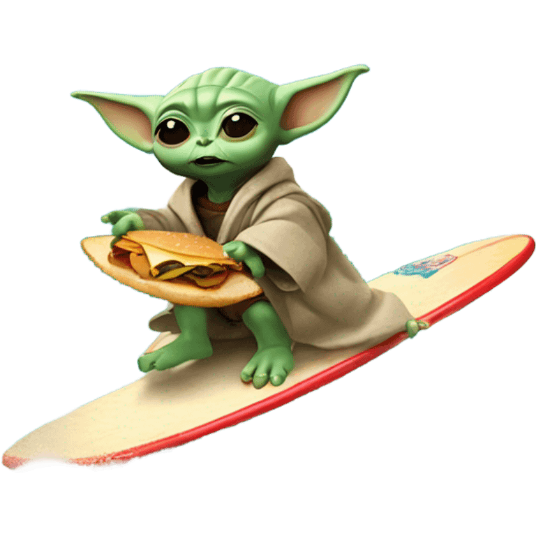 Baby yoda on a surf board while eating a burger and riding a wave emoji