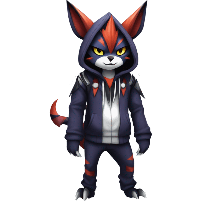 Cool Anthro Dark Absol-Noivern-Quilava-Litten-Pokémon with edgy stripes hoodie spiked collar punk Full Body emoji