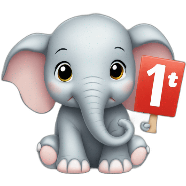 Animated baby elephant holding a sign with the words "#1 Fan" on it emoji