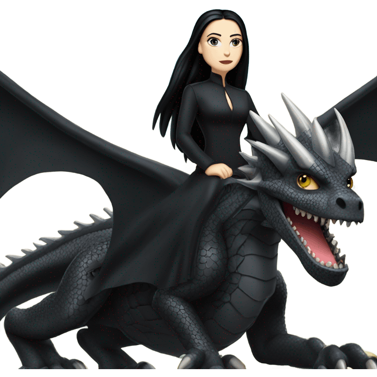 Determined and beautiful armored teen Morticia Addams riding on the back of a giant black dragon emoji